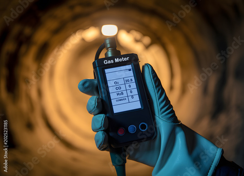 Industrial worker using a portable gas detector to measure air quality and check for hazardous gases before entering a confined space. Essential safety procedure and hazard prevention.