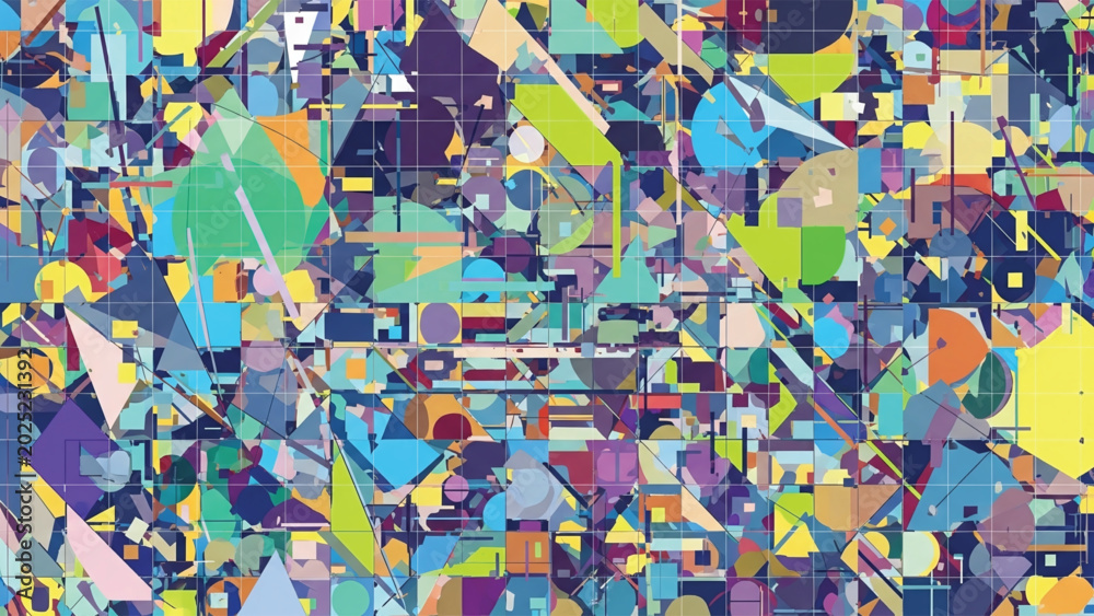 Fototapeta premium Vibrant abstract composition with colorful geometric shapes and patterns.