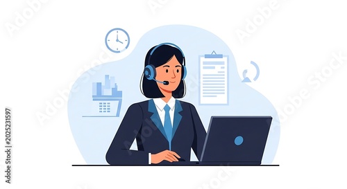 Businesswoman wearing headset working on laptop at office desk with clock and documents