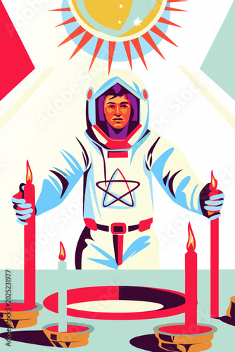 Graphic vector, tarot card of an astronaut holding a glowing sun. 1