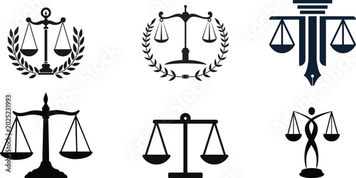 Foto Scale of justice icon set vector design for law firm, legal services, courtroom balance symbol, attorney logo, judicial authority, equality concept and professional justice illustration
