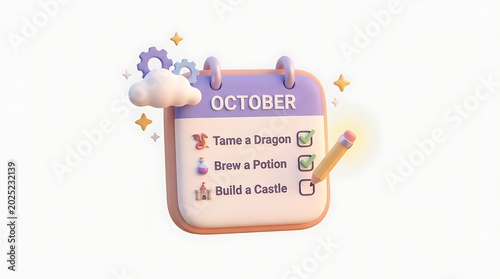 A whimsical 3D rendering of an October calendar with a fantasy-themed to-do list, featuring tasks like taming a dragon, brewing a potion, and building a castle.