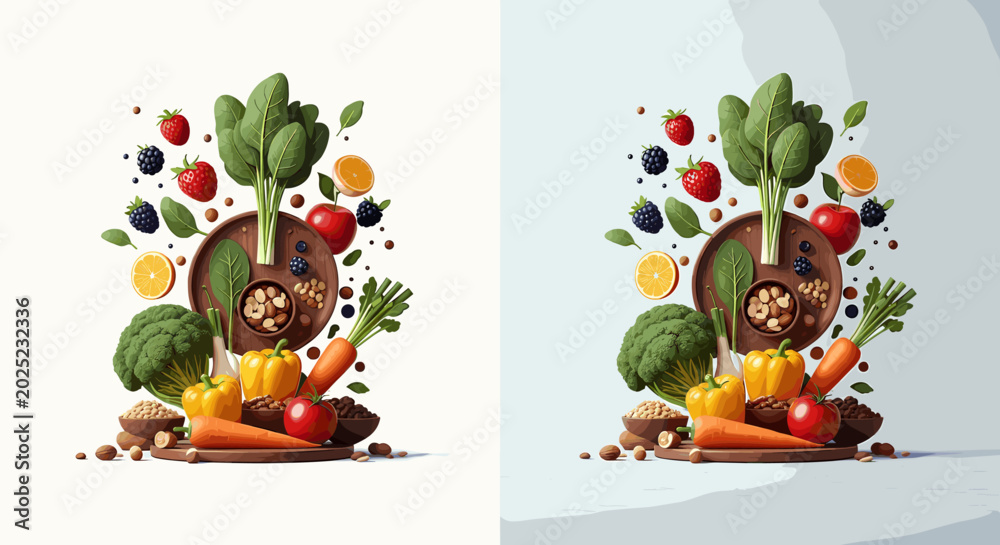 Φωτογραφία A vibrant and colorful assortment of fresh fruits and vegetables artfully arranged on a wooden platter, showcasing a healthy and balanced diet