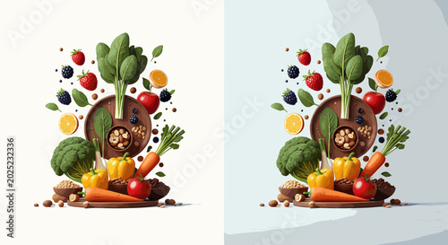 Tableau sur toile A vibrant and colorful assortment of fresh fruits and vegetables artfully arranged on a wooden platter, showcasing a healthy and balanced diet