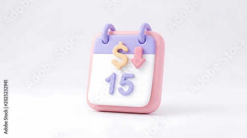 A cute 3D illustration of a calendar with a dollar sign and a downward arrow.