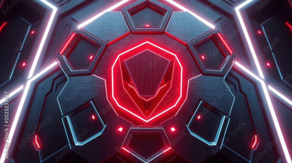 Fototapeta premium Futuristic tunnel design. Geometric shapes glow with vibrant red, blue neon lights. Dark background emphasizes complex structure.