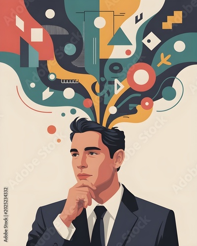 “Vector artwork of a man thinking deeply, head slightly tilted, calm facial expression, imagination visualized as abstract shapes and symbols emerging from his mind, geometric elements, smooth curves,