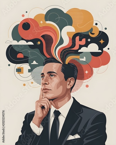 “Vector artwork of a man thinking deeply, head slightly tilted, calm facial expression, imagination visualized as abstract shapes and symbols emerging from his mind, geometric elements, smooth curves,