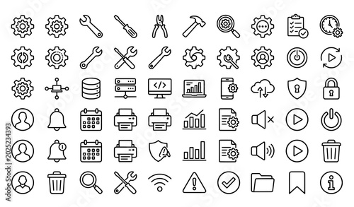 Schilderij op canvas Technology and settings icons: gears wrenches hammer screwdriver pliers computer