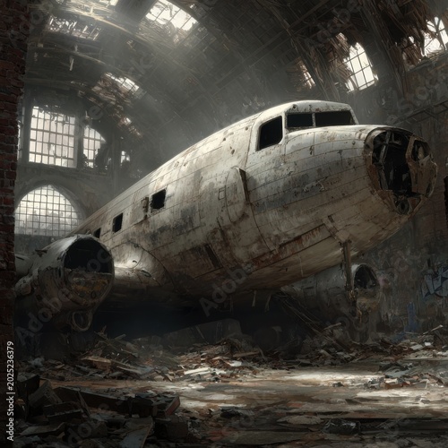 Abandoned warplane hangar with crumbling walls