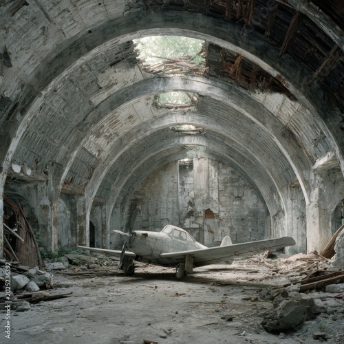 Abandoned warplane hangar with crumbling walls 5