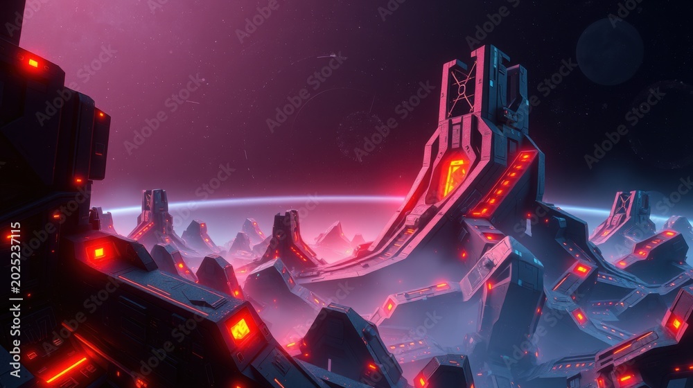 Fototapeta premium Futuristic cityscape glows with neon lights. Structures rise from terrain under vibrant sky. Dramatic lighting creates intense mood.