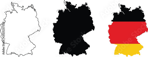 Set of three germany map shapes including outline silhouette and national flag design Vector