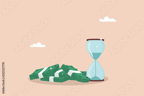 Sand falling into an hourglass or US dollar bill symbolizes the passage of time, long-term investing, or the concept of financial deadlines.
