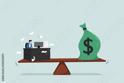 Working hard for money or incentives motivates to work overtime, the concept of overwork and life balance, entrepreneurs working hard at busy desks, the seesaw balancing between wages and money.