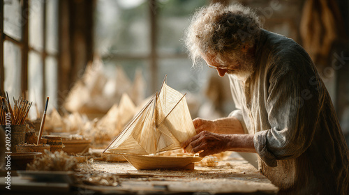Elderly craftsman meticulously assembling a delicate wooden model ship in his workshop
