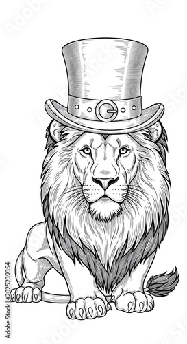 Majestic Lion Wearing Top Hat Sitting Regal Black White Illustration