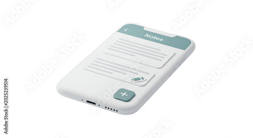 Minimalist 3D Rendering White Smartphone With Teal Notes App Interface