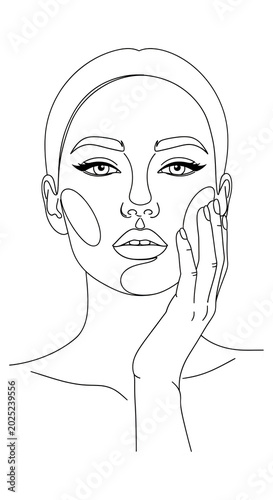 Minimalist Line Art Portrait Elegant Woman Face Hand Touching Cheek Transparent Background