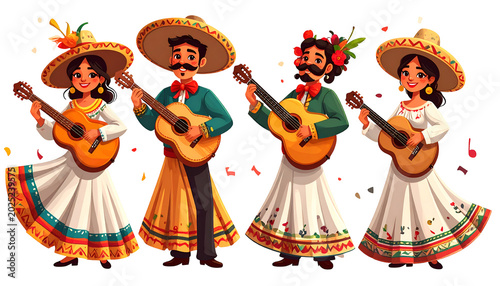 Mexican Mariachi Band Playing Guitars With Sombreros And Festive Outfits