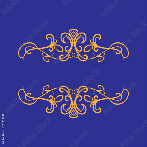 Symmetrical Golden Ornate Scrollwork Design on Royal Blue Background