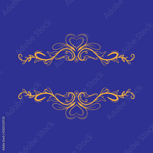Intricate Gold Ornate Flourish Border with Hearts on Deep Blue