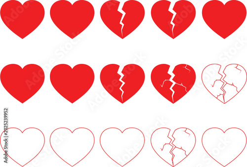 Fotografie Set of red heart icons showing stages of heartbreak and repair from solid shapes