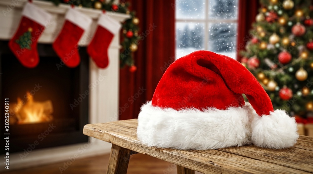Fototapeta premium Red Santa Claus hat hanging on wooden chair near decorated Christmas tree