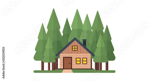 Foto Cozy Cabin in Pine Forest, Flat Illustration