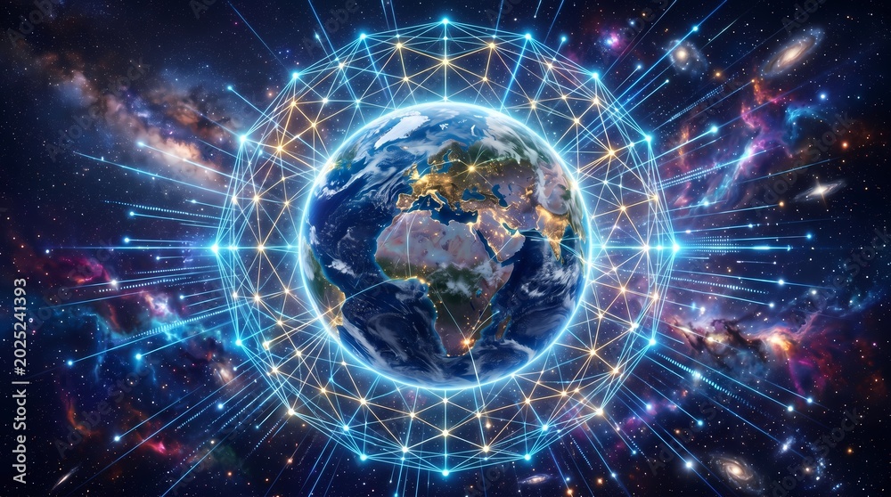 Obraz premium Global connectivity and technology concept with earth surrounded by glowing blue lines and nodes in space