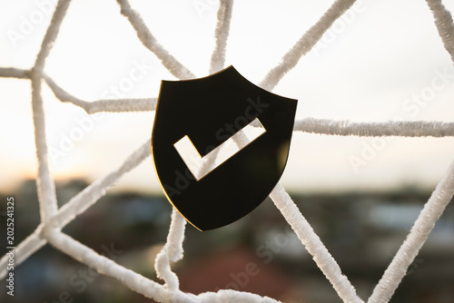 Fotografi Insurance policy trap showing a shield caught in a web net for hidden contract clauses, legal loopholes, fine print risk, deceptive warranty exclusions and unfair financial agreement concept