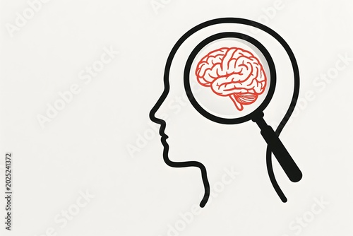 Conceptual illustration of a human profile with a magnifying glass examining a red brain on a clean white background