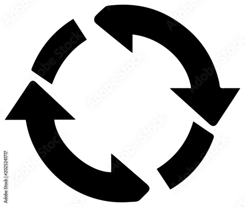 Solid black filled icon of reinvestment compounding circular arrows forming a cycle symbolizing growth and renewal on a white background