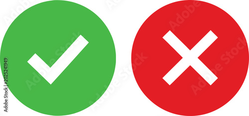 Green check mark and red x cross mark icons set for business validation and survey choices Vector