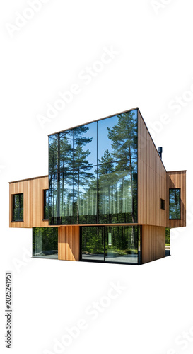 Modern Wood Glass House With Forest Reflection Natural Lighting Isolated