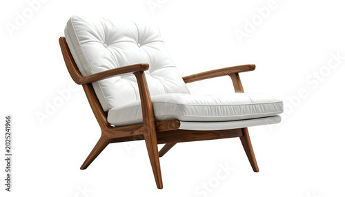 Modern White Tufted Armchair with Wooden Frame Isolated