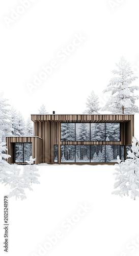 Modern Wooden House in Snowy Forest Realistic 3D Rendering