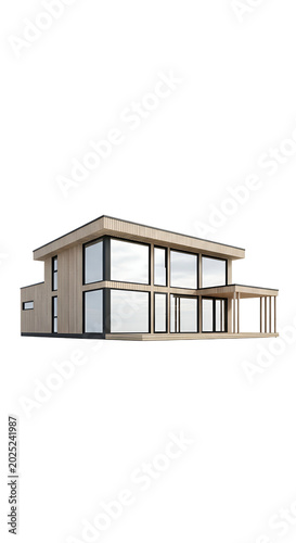 Modern Wood House with Large Glass Windows Isolated and Clear Sky