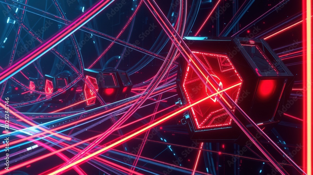 Fototapeta premium Neon spaceship interior. Complex geometry, vibrant red and blue lines create futuristic tunnel effect. Dark background emphasizes glowing structures.