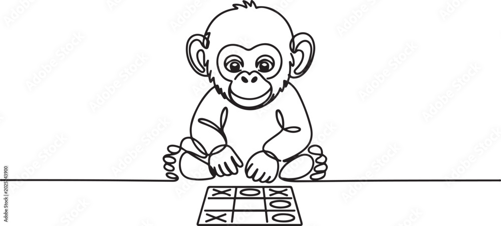 Fototapeta premium Sketch of baby chimpanzee playing tic tac toe Vector illustration. one line Icon drawing