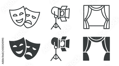 Theater performing arts comedy tragedy masks spotlight and stage curtains grayscale vector icons with curtains