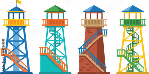 Bild auf Leinwand Watchtower architecture illustration collection, colorful observation tower vect