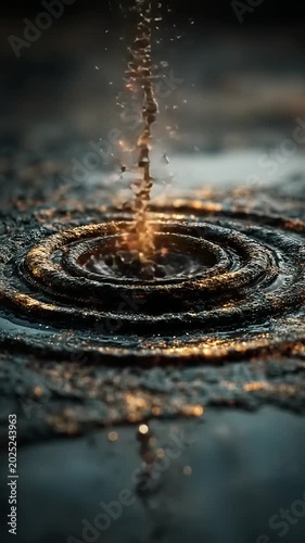 Water droplet creating ripples on a dark surface with golden highlights