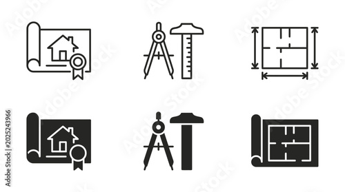 Architecture and home construction drafting icon set featuring blueprints compass ruler and floor plan