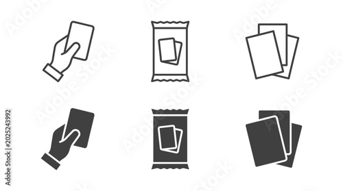 Set of trading card icons including hand holding card, booster pack, and deck stack in line and solid styles