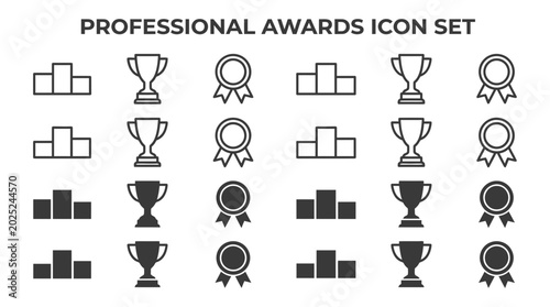 Professional awards icon set with winners podium trophy cup and achievement medal ribbon graphic illustrations