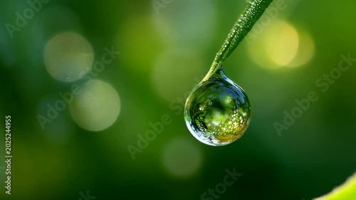 Water droplet on leaf reflecting green nature scene