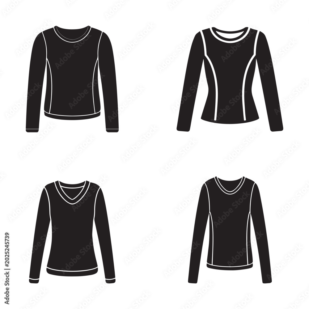 Naklejka premium Four long sleeve tops with white outlines on a plain white background for fashion and clothing designs
