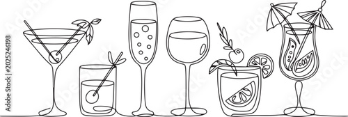 Alcoholic cocktails set, long drink beverages for holiday celebrating. Use for decorating design festive menu. Hand-drawn doodle style. one line Icon drawing