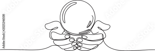 Bild auf Leinwand Hands hold divination crystal ball one line art, hand drawn magiv fortune telling continuous contour